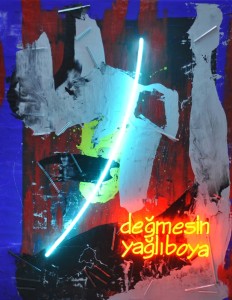 Ardan Özmenoğlu, Değmesin Yağlıboya- Watch Out, 197 x 158 cm, tuval üzeri yağlıboya ve mavi, turuncu neon yerleştirme, oil on canvas and blue, orange neon tubing, 2015.