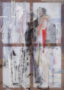 Pose, 2016, 225x160 cm textile materials, acrylic and layers of tulle stretched on pulley